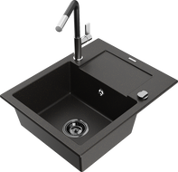 Mexen Enzo 1-bowl granite sink with drainer and Flora kitchen tap, black/gold metallic - 6506-75-670401-07-B