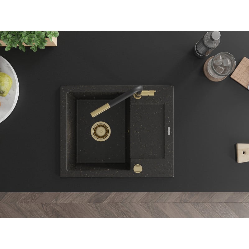 Mexen Enzo lava-loiça de granito 1-câmara com escorredor e torneira de cozinha Flora, preto/dourado metálico
