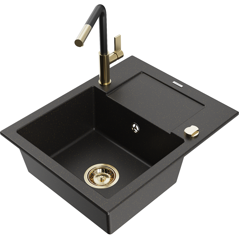 Mexen Enzo granitdiskho 1-fack med avrinning och köksblandare Flora, svart/guld metallic - 6506-75-670401-57-G