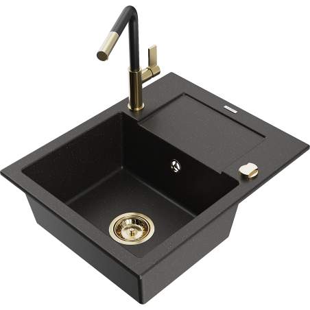 Mexen Enzo granieten spoelbak 1-kommer met druiprek en keukenmengkraan Flora, zwart/goud metallic - 6506-75-670401-57-G