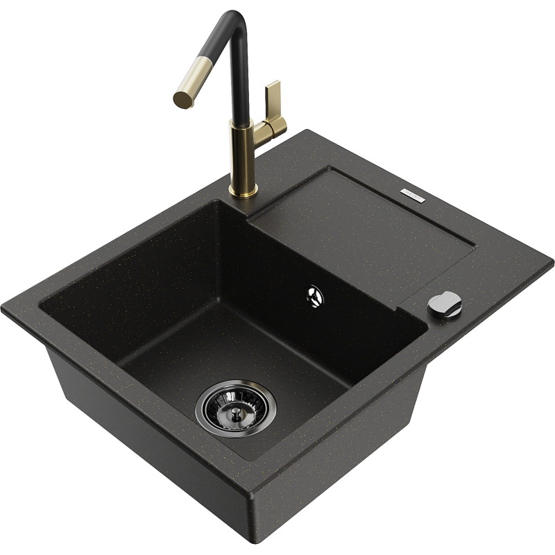 Mexen Enzo fregadero de granito de 1 seno con escurridor y grifo de cocina Flora, negro/dorado metálico - 6506-75-670401-57-B