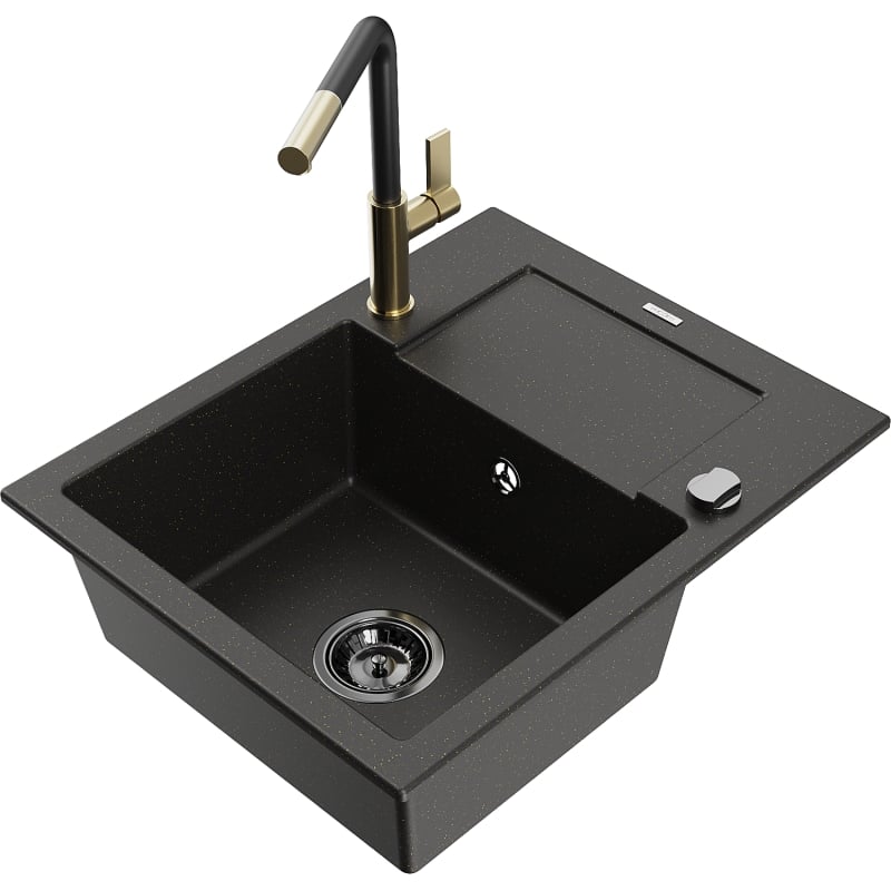 Mexen Enzo granite kitchen sink 1-bowl with drainer and kitchen faucet Flora, black/gold metallic - 6506-75-670401-57-B