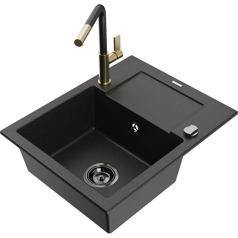 Mexen Enzo lava-loiça de granito de 1 cuba com escorredor e torneira de cozinha Flora, preto/ouro metálico