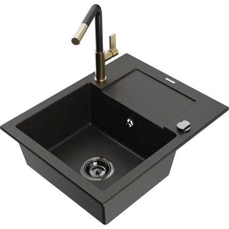 Mexen Enzo granite kitchen sink 1-bowl with drainer and kitchen faucet Flora, black/gold metallic - 6506-75-670401-57-B
