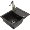 Mexen Enzo granite sink 1-bowl with drainer and Flora kitchen tap, black/gold metallic - 6506-75-670401-57-B