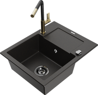 Mexen Enzo granite sink 1-bowl with drainer and Flora kitchen tap, black/gold metallic - 6506-75-670401-57-B