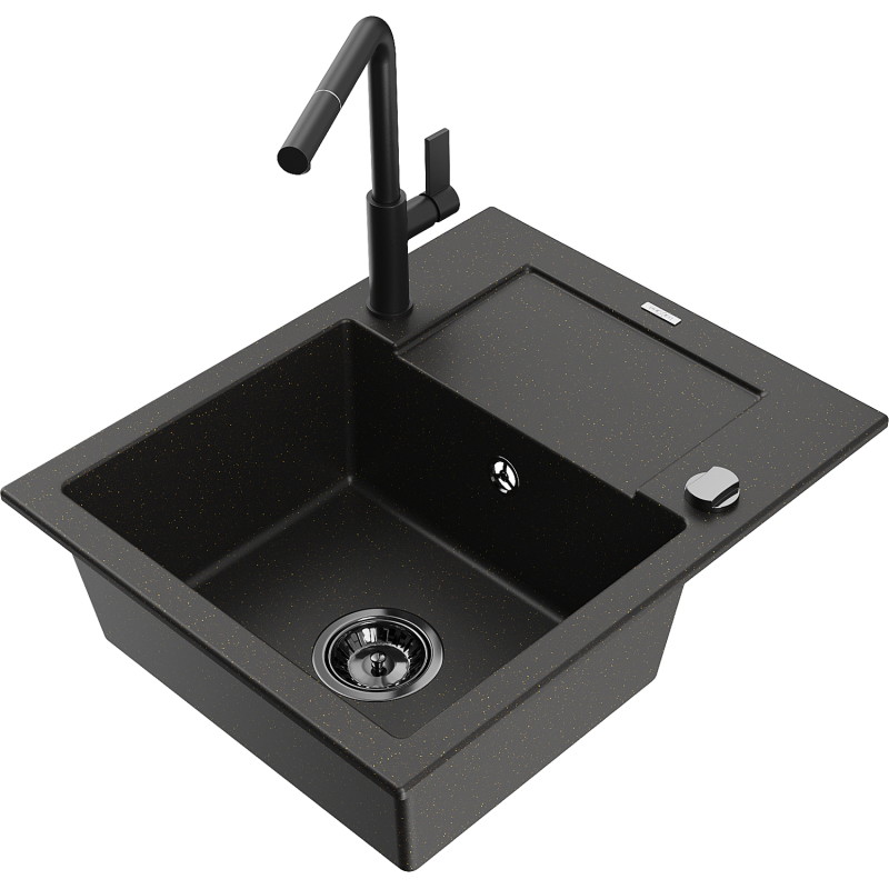 Mexen Enzo granitische spoelbak met 1 bak, afdruiprek en keukenkraan Flora, zwart/gouden metallic - 6506-75-670401-70-B