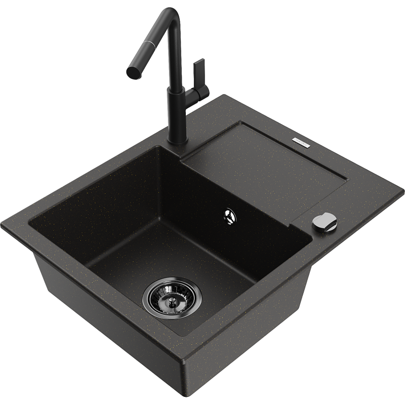 Mexen Enzo lava-loiça de granito de 1 bacia com escorredor e torneira de cozinha Flora, preto/dourado metálico