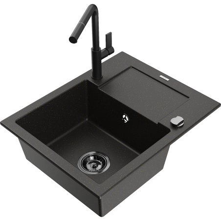 Mexen Enzo 1-bowl granite sink with drainer and Flora kitchen tap, black/golden metallic - 6506-75-670401-70-B