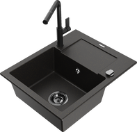 Mexen Enzo 1-bowl granite sink with drainer and Flora kitchen tap, black/golden metallic - 6506-75-670401-70-B