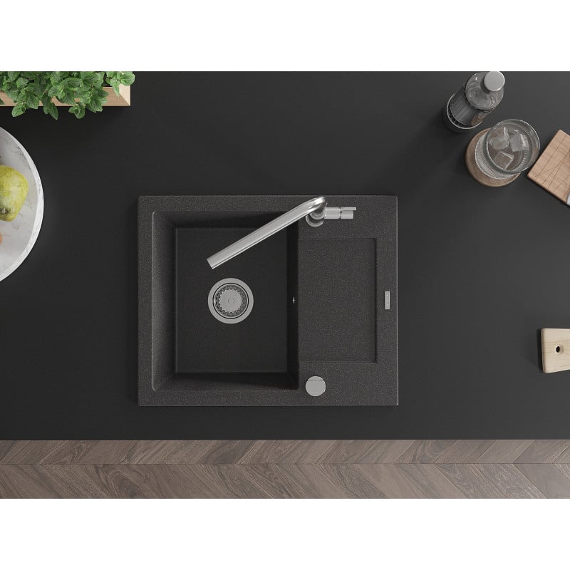 Mexen Enzo fregadero de granito de 1 cámara con escurridor y grifo de cocina Flora, negro salpicado - 6506-76-670401-00