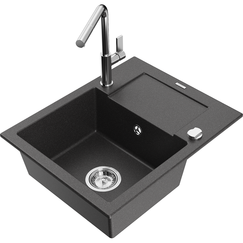 Mexen Enzo évier en granit à 1 bac avec égouttoir et robinet de cuisine Flora, noir moucheté - 6506-76-670401-00