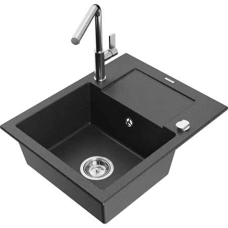 Mexen Enzo 1-bowl granite sink with drainer and kitchen faucet Flora, speckled black - 6506-76-670401-00