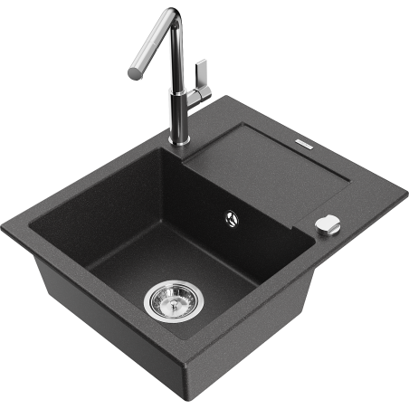 Mexen Enzo fregadero de granito de 1 compartimento con escurridor y grifo de cocina Flora, negro moteado - 6506-76-670401-00