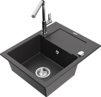 Mexen Enzo 1-bowl granite sink with drainer and kitchen faucet Flora, speckled black - 6506-76-670401-00