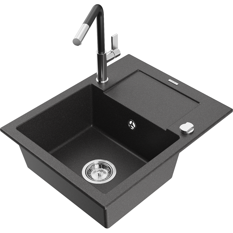 Mexen Enzo lava-loiça de granito 1-cuba com escorredor e misturadora de cozinha Flora, preto salpicado - 6506-76-670401-07