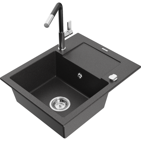 Mexen Enzo granite sink 1-bowl with drainer and Flora kitchen tap, black speckled - 6506-76-670401-07