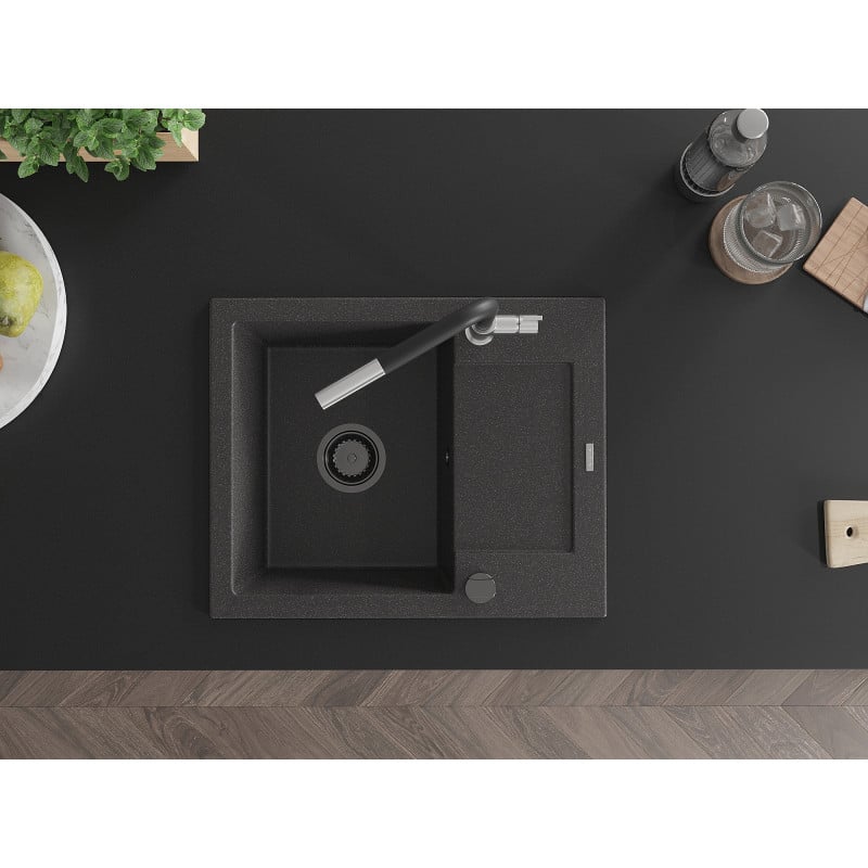 Mexen Enzo fregadero de granito de 1 seno con escurridor y grifo de cocina Flora, negro moteado - 6506-76-670401-07-B