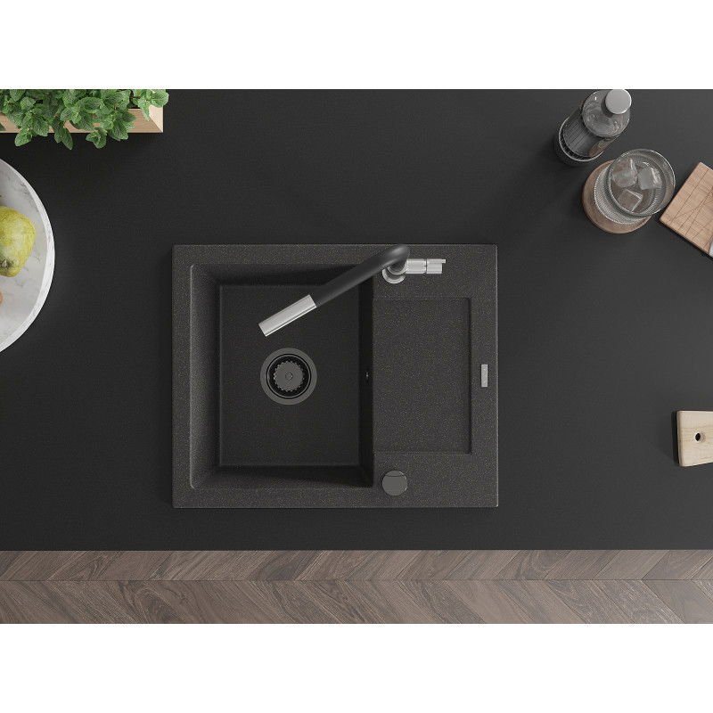 Mexen Enzo granite sink, 1-bowl with drainer and Flora kitchen tap, speckled black - 6506-76-670401-07-B
