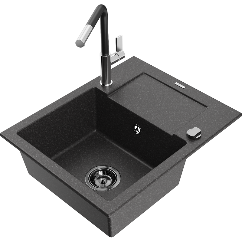 Mexen Enzo fregadero de granito de 1 seno con escurridor y grifo de cocina Flora, negro moteado - 6506-76-670401-07-B