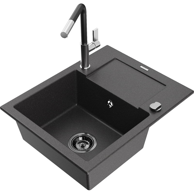Mexen Enzo granite sink, 1-bowl with drainer and Flora kitchen tap, speckled black - 6506-76-670401-07-B