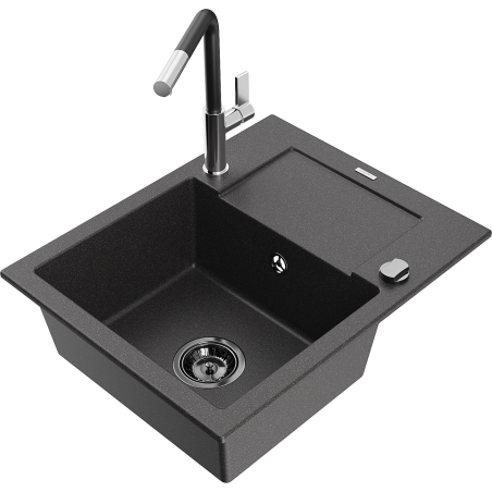 Mexen Enzo fregadero de granito de 1 cuenco con escurridor y grifo de cocina Flora, negro moteado - 6506-76-670401-07-B