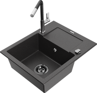 Mexen Enzo granite sink, 1-bowl with drainer and Flora kitchen tap, speckled black - 6506-76-670401-07-B