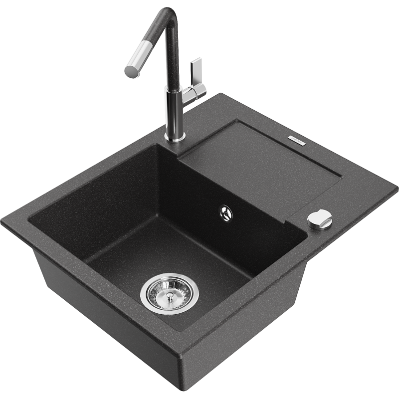 Mexen Enzo fregadero de granito de 1 seno con escurridor y grifo de cocina Flora, negro moteado - 6506-76-670401-08