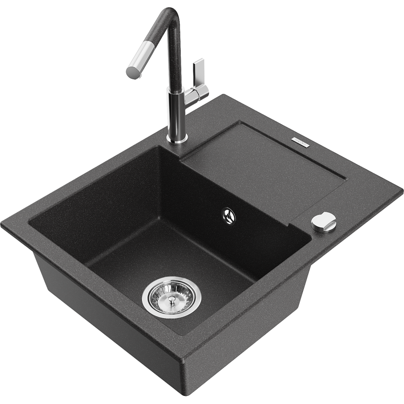 Mexen Enzo lava-loiça de granito 1-comportamento com escorredor e torneira de cozinha Flora, preto salpicado