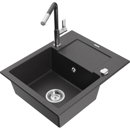 Mexen Enzo fregadero de granito de 1 seno con escurridor y grifo de cocina Flora, negro moteado - 6506-76-670401-08