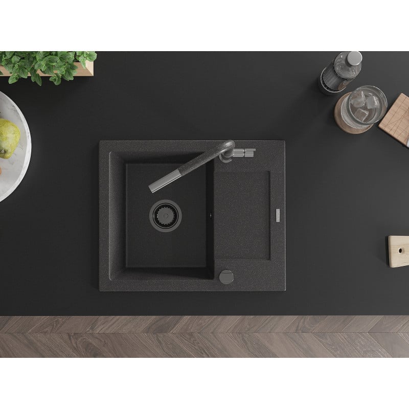 Mexen Enzo 1-Bowl Granite Sink with Drainer and Flora Kitchen Tap, Speckled Black - 6506-76-670401-08-B