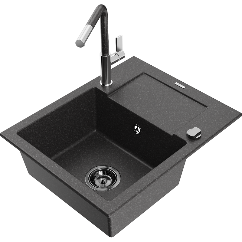 Mexen Enzo fregadero de granito de 1 cubeta con escurridor y grifo de cocina Flora, negro moteado - 6506-76-670401-08-B