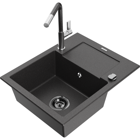 Mexen Enzo 1-Bowl Granite Sink with Drainer and Flora Kitchen Tap, Speckled Black - 6506-76-670401-08-B