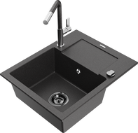 Mexen Enzo 1-Bowl Granite Sink with Drainer and Flora Kitchen Tap, Speckled Black - 6506-76-670401-08-B