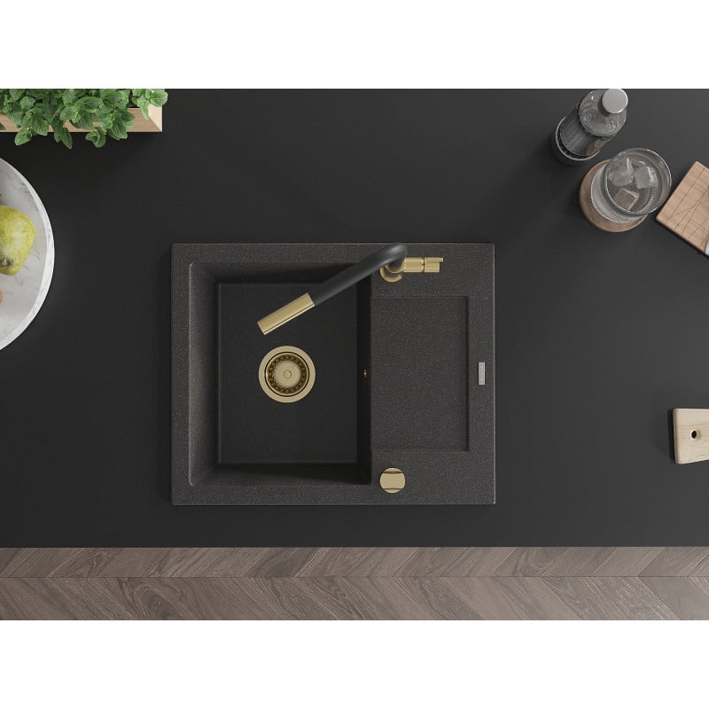 Mexen Enzo fregadero de granito 1-cubeta con escurridor y grifo de cocina Flora, negro moteado - 6506-76-670401-57-G