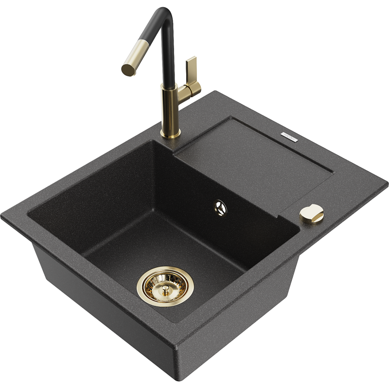 Mexen Enzo 1-bowl granite sink with drainer and Flora kitchen tap, speckled black - 6506-76-670401-57-G