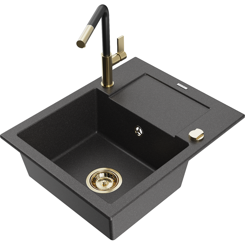 Mexen Enzo lava-loiça de granito 1-cuba com escorredor e torneira de cozinha Flora, preto salpicado - 6506-76-670401-57-G