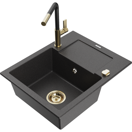 Mexen Enzo granieten spoelbak met 1 bak en afdruiprek en Flora keukenkraan, zwart gespikkeld - 6506-76-670401-57-G