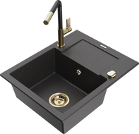 Mexen Enzo fregadero de granito 1-cubeta con escurridor y grifo de cocina Flora, negro moteado - 6506-76-670401-57-G