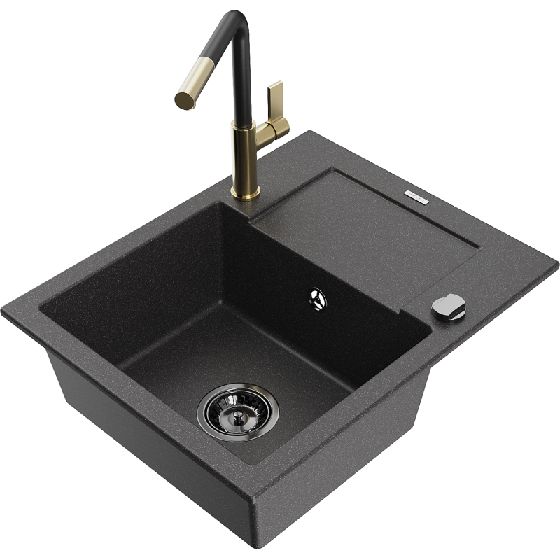 Mexen Enzo évier de cuisine en granit 1 bac avec égouttoir et robinet Flora, noir moucheté - 6506-76-670401-57-B