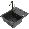 Mexen Enzo granite sink 1-bowl with drainer and Flora kitchen tap, black speckled - 6506-76-670401-57-B