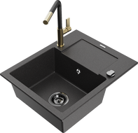 Mexen Enzo 1-bowl granite sink with drainer and Flora kitchen faucet, speckled black - 6506-76-670401-57-B