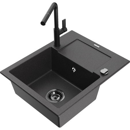 Mexen Enzo 1-bowl granite sink with drainer and Flora kitchen tap, black spotted - 6506-76-670401-70-B