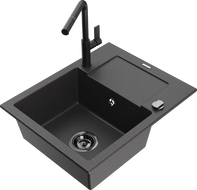 Mexen Enzo 1-bowl granite sink with drainer and Flora kitchen tap, black spotted - 6506-76-670401-70-B