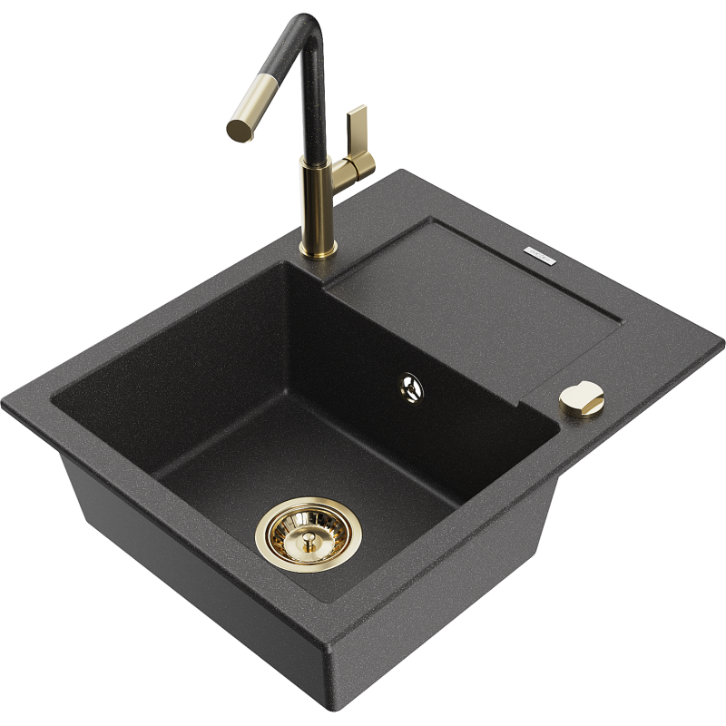 Mexen Enzo lavello in granito con 1 vasca, scivolo e miscelatore cucina Flora, nero maculato - 6506-76-670401-75-G