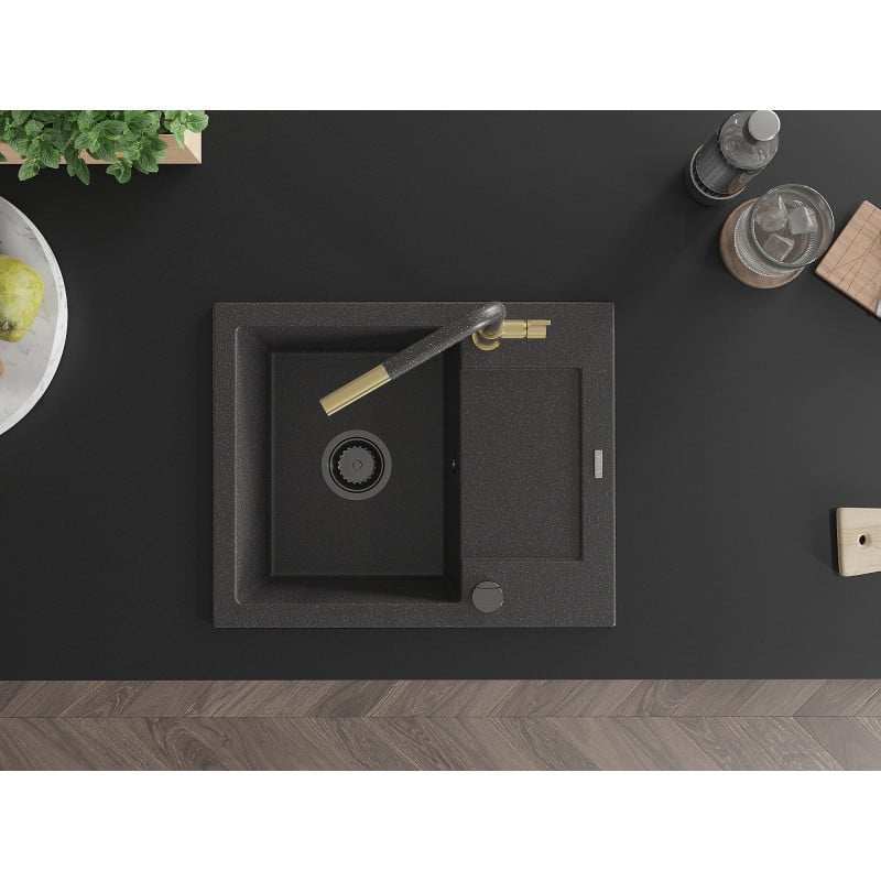Mexen Enzo fregadero de granito de 1 seno con escurridor y grifo de cocina Flora, negro moteado - 6506-76-670401-75-B