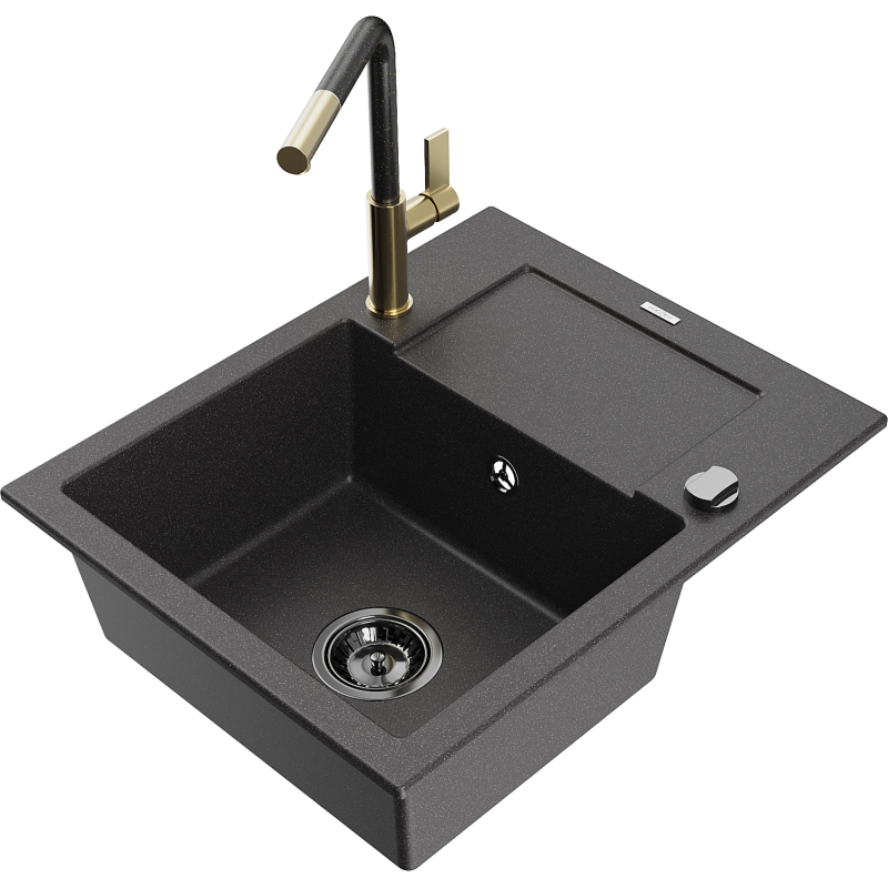 Mexen Enzo Granite Kitchen Sink 1-Bowl with Drainer and Flora Kitchen Tap, Speckled Black - 6506-76-670401-75-B