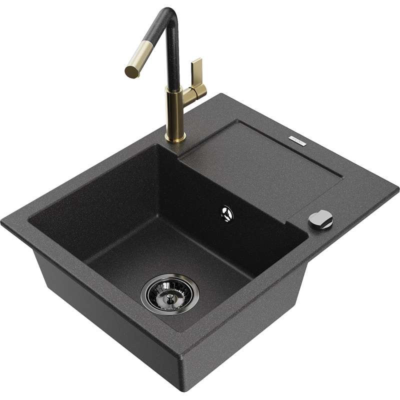 Mexen Enzo lavello in granito a 1 vasca con sgocciolatoio e rubinetto cucina Flora, nero maculato - 6506-76-670401-75-B