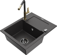 Mexen Enzo Granite Kitchen Sink 1-Bowl with Drainer and Flora Kitchen Tap, Speckled Black - 6506-76-670401-75-B