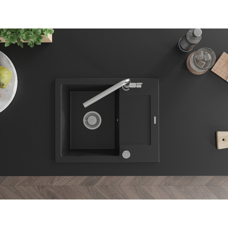 Mexen Enzo fregadero de granito de 1 cubeta con escurridor y grifo de cocina Flora, negro - 6506-77-670401-00